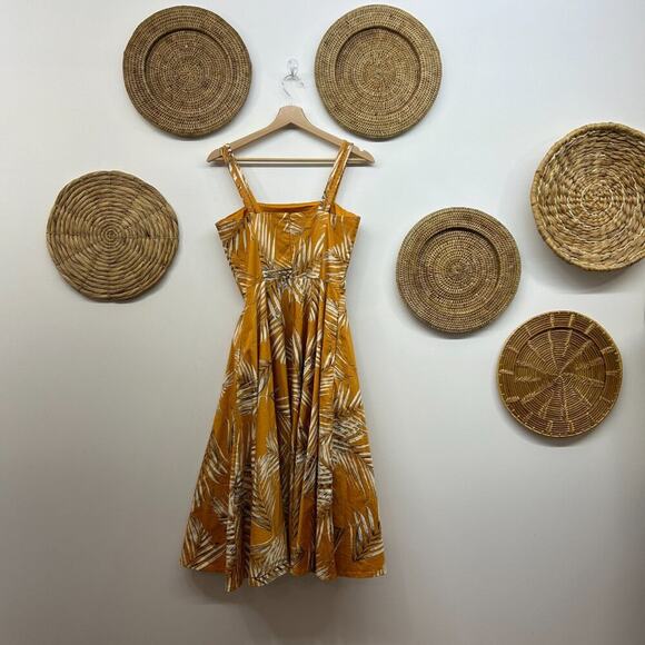 White House Black Market Yellow Tropical Fit & Flare Palm Print Midi Dress 2 - Picture 2 of 7